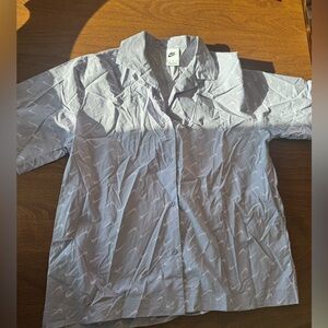Nike Gray Short-Sleeve Button-Up with White Swoosh Print